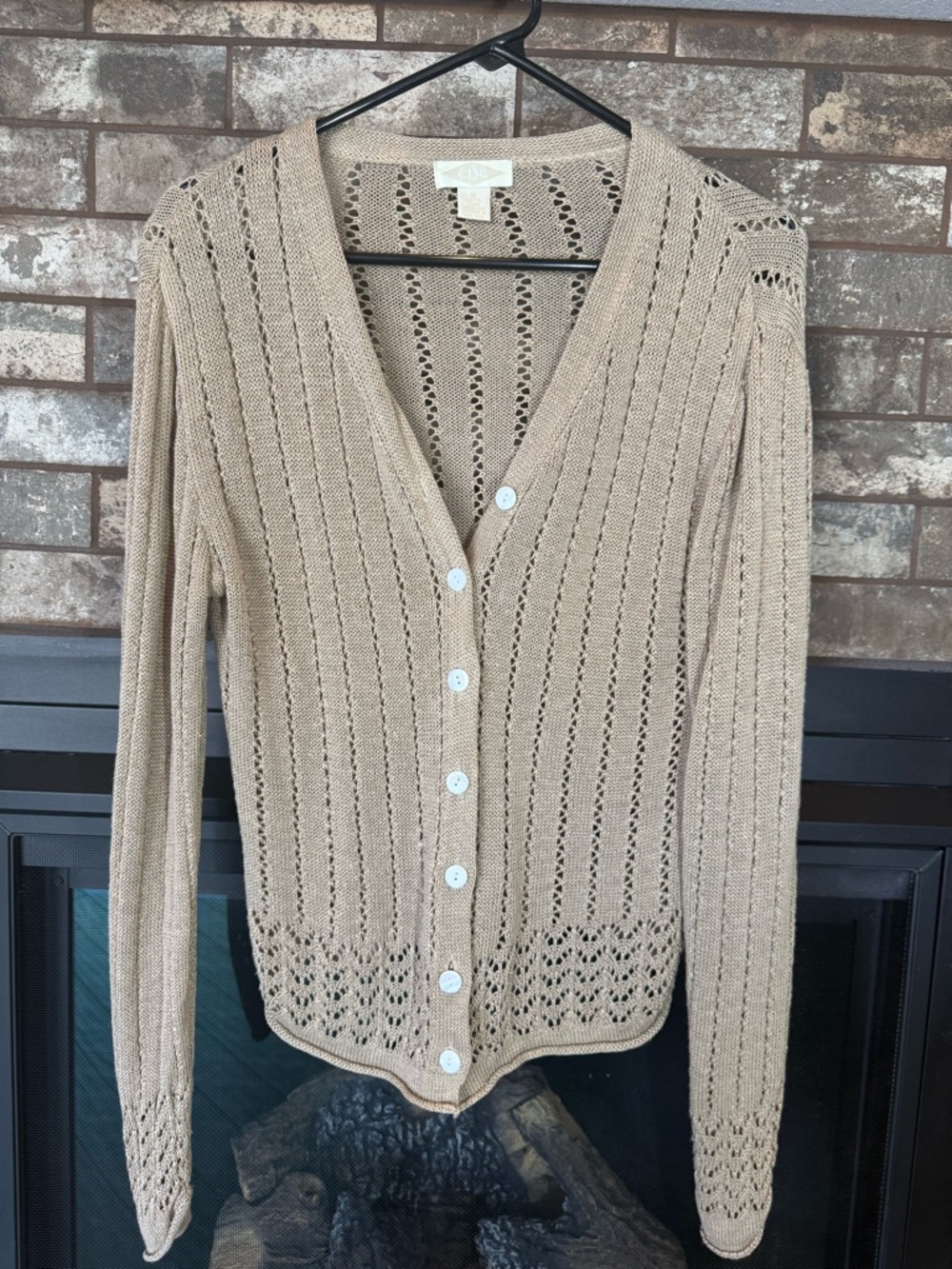 Lightweight Tan Openwork V-Neck Button Cardigan